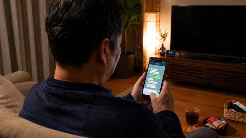 夜の自宅のソファで、女性とのLINEのやり取りをリラックスして楽しむ男性の後ろ姿