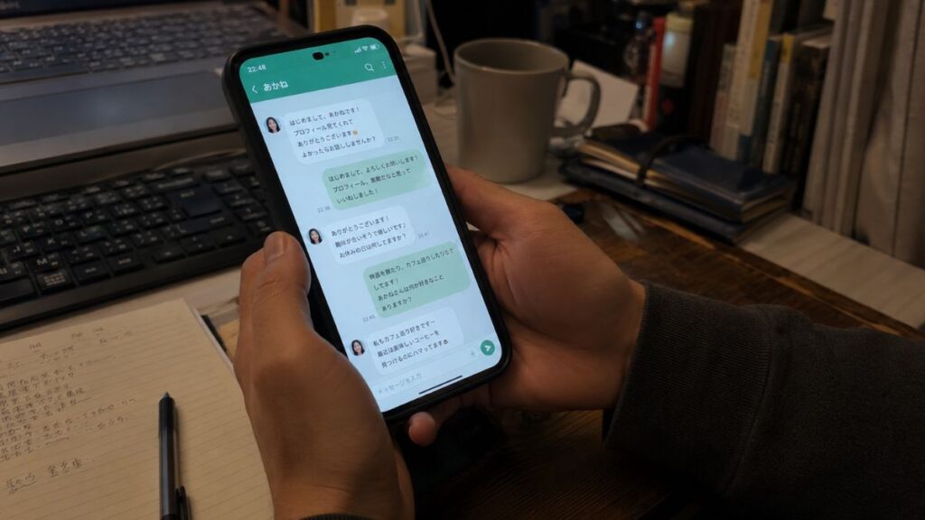 薄暗い部屋のデスクでLINE画面を確認し、安全な出会いのために少し慎重に相手を見極める男性の手元
