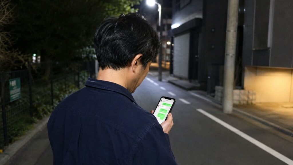 夜道で立ち止まり、不自然にLINE交換を迫る業者のメッセージを冷静に見極める男性