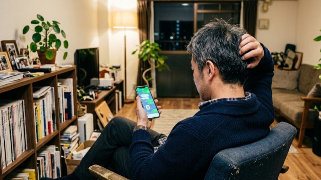 自宅の椅子に座り、良い出会いを探してLINE画面を見ながら少し頭を悩ませる男性の後ろ姿
