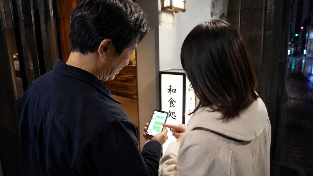 お店を出た後、女性からLINE交換を提案されてスマホを見せ合う男女の姿