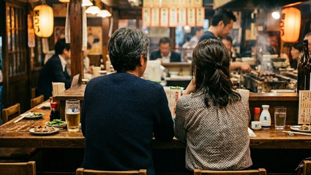 出会い系からLINE交換を経て、実際に居酒屋のカウンターで楽しくデートの時間を過ごす男女の後ろ姿