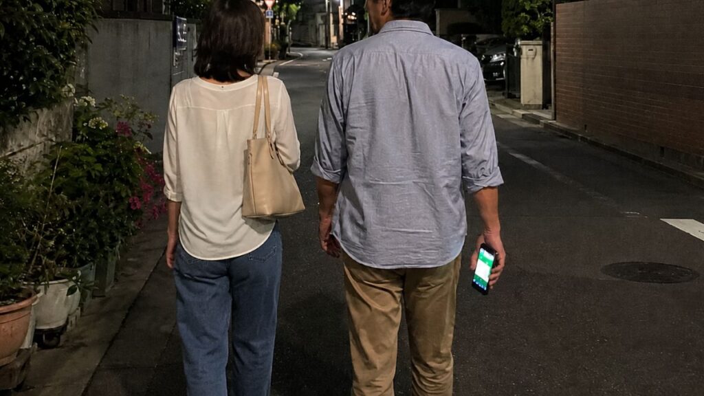 安全にLINE交換を経て、リラックスした雰囲気で夜道を歩きながらデートを楽しむ男女の後ろ姿