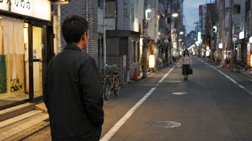 出会いの場へ向かい、夜の街で女性との待ち合わせをする男性の後ろ姿
