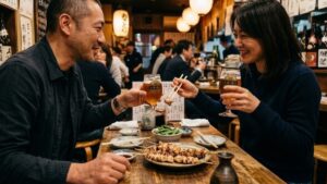 旅先の居酒屋で地酒を飲みながら自然な会話を楽しむ40代男性と女性の手元