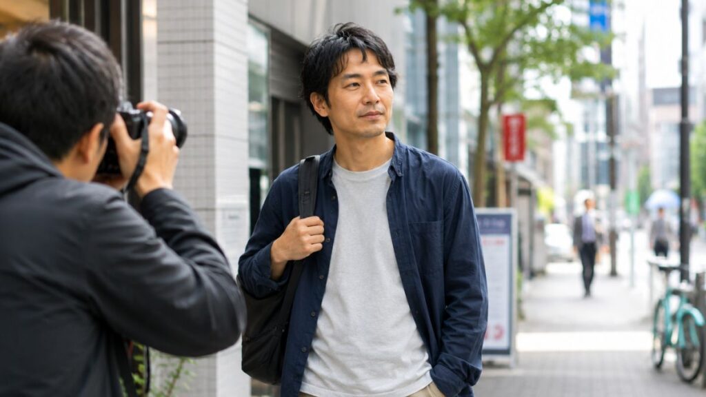 プロカメラマンの出張撮影サービスを利用して街中で自然な姿を撮ってもらう男性